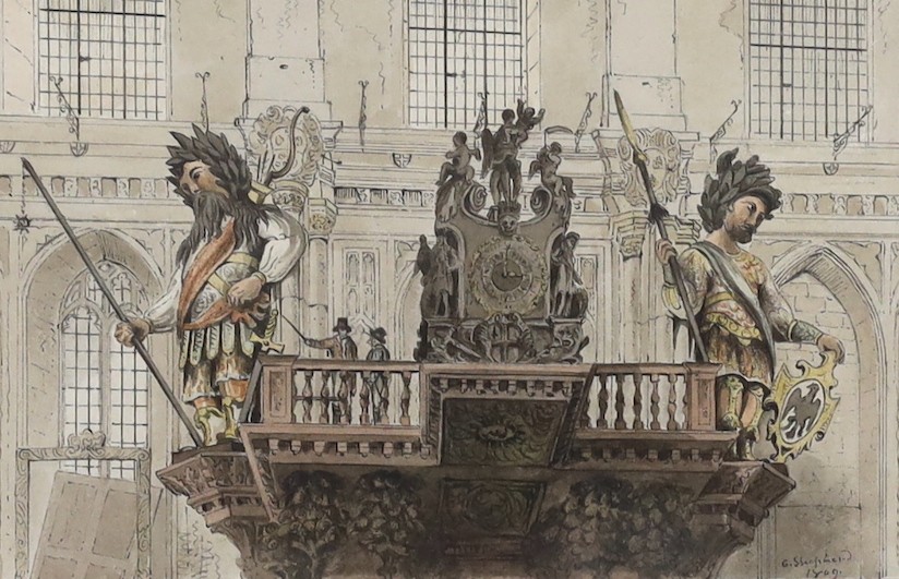 George Sidney Shepherd (1784-1862), ink and watercolour, ‘Gog and Magog in the Guildhall in 1809’, signed and dated 1809, 10.5 x 17cm.